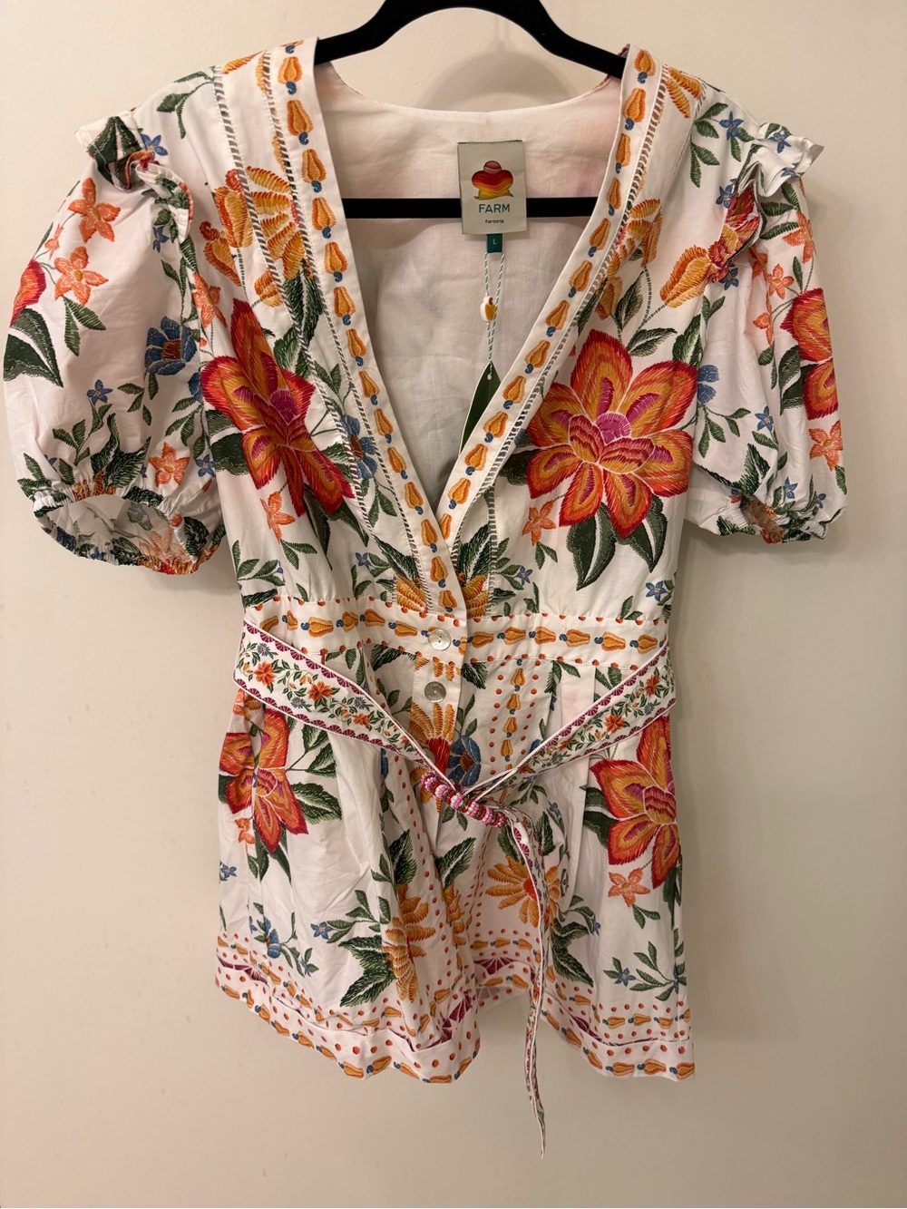 FARM Rio White Floral Embroidered Short Jumpsuit with belt  Waist